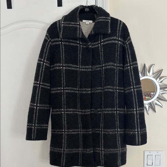 Vince Ladies Black Gray Wool Blend Pea Plaid Car Cardigan Coat-M